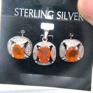 Fire Opal 2.84ct Platinum Finish Solid 925 Sterling Silver Earrings and Pendant